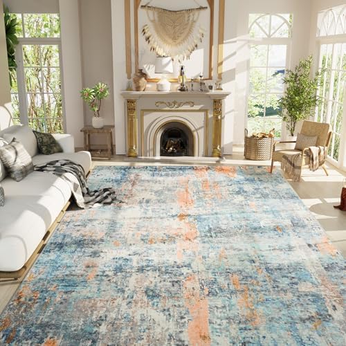 Ompaa Living Room Rug 8x10 Blue Area Rugs Machine Washable Abstract Boho Large Carpet Non-Slip Non-Shedding Faux Wool Indoor Vintage Rugs for Bedroom, Classroom, Dining Room, Kids Playroom by OmpaaHomeDecor