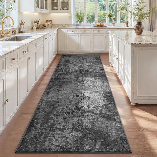 2.6x12 Black Rug Runners for Hallways Kitchen Runner Rug Non Slip Washable Black Long Runner Rugs with Rubber Backing Soft Abstract Carpet Runner for Bedroom, Kitchen, Bathroom, Entryway - Image 5