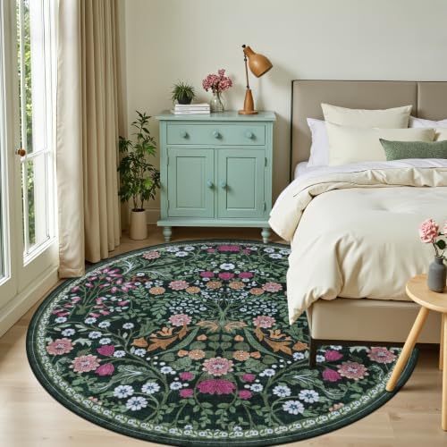 PLHXFR Round Area Rug Living Room: 8 ft Floral Washable Carpet Dark Green - Image 2