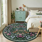 PLHXFR Round Area Rug Living Room: 8 ft Floral Washable Carpet Dark Green - Image 2