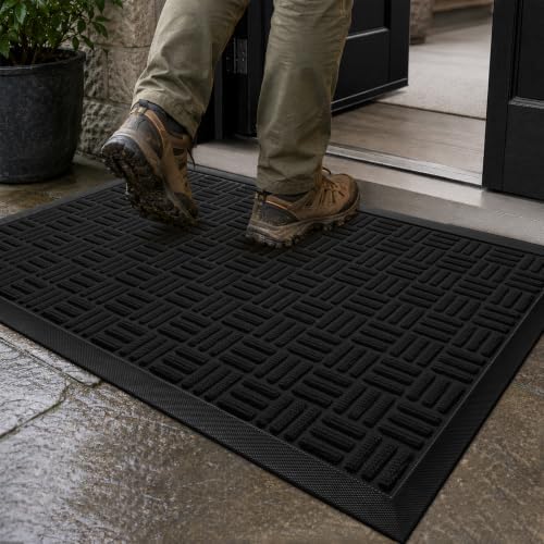 Mibao Front Door Mat Outdoor Entrance, 29.5" x 17" Heavy Duty Welcome Mat for Outdoor and Indoor, Waterproof Dirt Trapper Doormat, Super Absorbent Indoor Entryway Mat for Patio & Porch - Black by Mibao