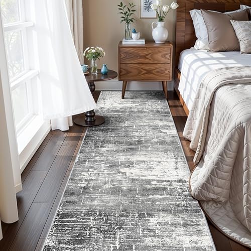 2x8 Washable Hallway Runner Rug: Abstract Stain Resistant Kitchen Rugs Farmhouse Ultra Soft Bathroom Bedroom Entryway Print Floor Mat Thin Non-Slip Indoor Carpet for Living Room Laudry(2x8,Black/Grey) by HYHAOYUNLAI