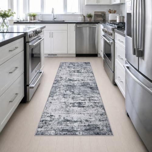 2.6x8 Washable Runner Rug：Modern Abstract Kitchen Soft Carpet Grey - Image 4