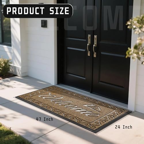 Yimobra Welcome Mat, Heavy Duty Sturdy Door Mats for Home Entrance Outdoor Indoor, Front Doormat for Outside Patio Floor Entry Porch Garage Office, Waterproof, Low Profile, 47 x 24, Beige Brown - Image 2