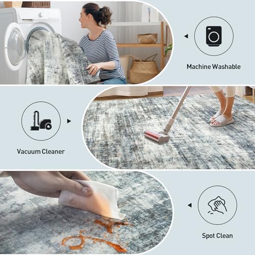 9x12 Area Rugs for Living Room: Washable Abstract Blue Multi Bedroom Carpet - Image 3