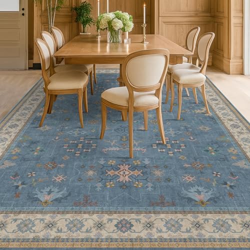 Hazo Haus Blue Big Rugs for Living Room - Dusty Blue 10x12 Area Rug for Large Bedroom, Dining Room, Washable Lightweight Foldable Floral Modern Home Décor - Image 3