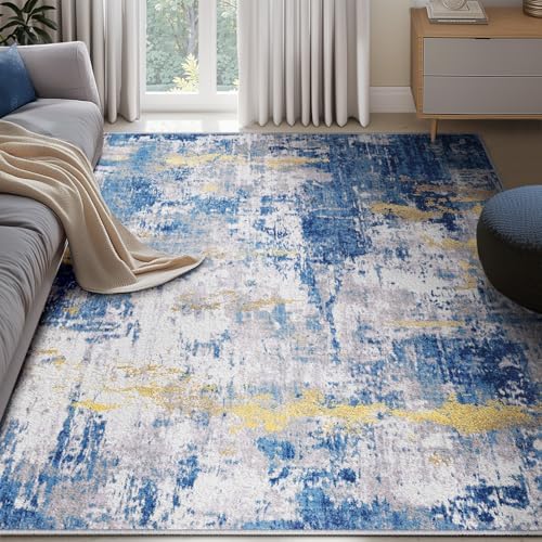 RELEANY Washable 5'x7' Abstract Area Rug for Living Room Blue Gold - Image 2