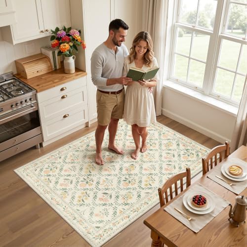 PLHXFR Area Rug Living Room: 3x5 Floral Washable Boho Carpet Beige Multi - Image 3