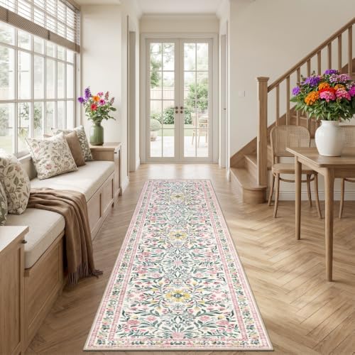 PLHXFR 2x5 Washable Runner Rug：Floral Indoor Kitchen Carpet Pink Green - Image 3