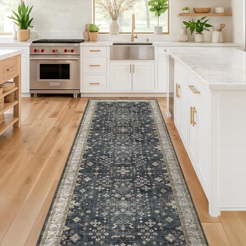 Hazo Haus Black Boho Washable 3x16 Extra Long Runner Rug for Hallway, Waterproof Large Kitchen Floor Rug, Non-Slip Stain & Fade Resistant, Vintage Floral Decor - Image 3