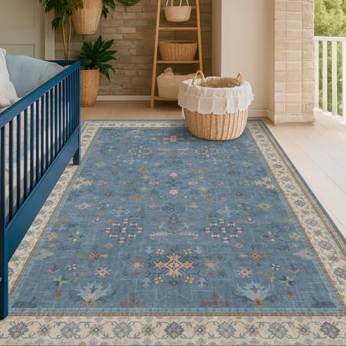 5x8 Rug for Living Room, Boho Eclectic Area Rugs Blue Modern Low-Pile Carpet for Bedroom, Dining Table, Nursery, Washable Non-Slip with Rubber Back - Image 6