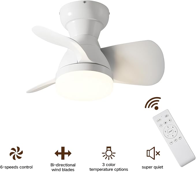 Myleoron 20 Inch Ceiling Fan with Light, 3 ABS Blades, White Small Ceiling Fan with Remote Control, Suitable for Living Room, Dining Room, Bedroom
