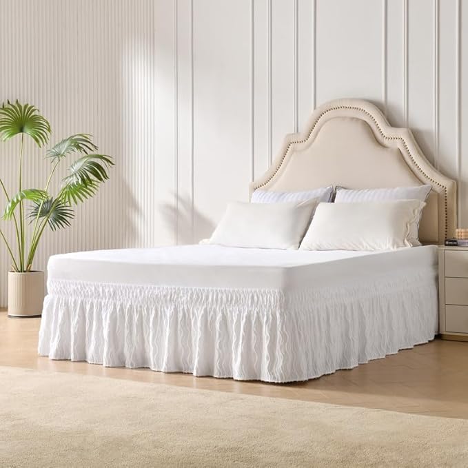 MIYE Wavy Tufted Bed Skirt - Wrap Around Dust Ruffle with Elastic Belts - 15 Inch Drop Easy to Put On - Bedskirt Machine Washable ＆ Wrinkle Resistant(Wavy/White, Full/Twin-15 Drop)