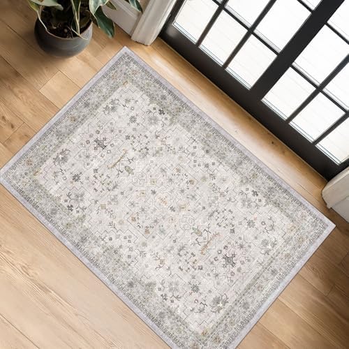 Washable 2x3 Throw Rugs for Entryway, Front Door Mat, Low Pile Non-Slip Small Area Rugs for Kitchen, Bathroom, Powder Room, Mudroom, Neutral Light Gray & Sage with Floral Accent by HazoHaus