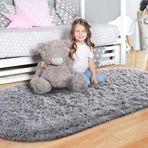 Noahas 2x5 Grey Fluffy Soft Oval Rug Non-Slip for Bedroom Dorm Hallway - Image 4