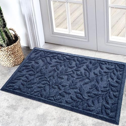 Bulijojo Sturdy Front Entrance Doormats,Durable Heavy Duty Welcome Mat,Thick Absorbent Natural Rubber Non Slip Mat,Easy Clean Entryway Mat 17x30 Inch Leaves Blue by ShowYourStyle