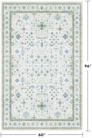 Green and Blue Kids Rugs for Bedroom 5x8 - Oushak Boho Cute Area Rug, Washable Low Pile Non-Slip Soft Foldable Indoor Carpet for Nursery, Playroom - Image 2