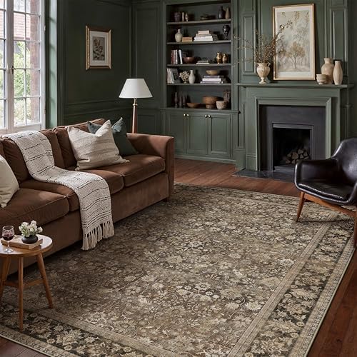 HUGEAR 9x12 Brown Vintage Floral Washable Area Rug for Living Room by HUGEAR