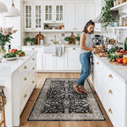4x5 Kitchen Rug Washable Non-Slip – Soft Low Pile Indoor Carpet for Entryway Bathroom Living Room Bedroom – Boho Floral Small Throw Area Rug (Black,4x5) - Image 3