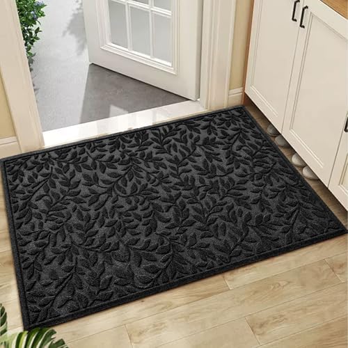 Bulijojo Sturdy Front Entrance Doormats,Durable Heavy Duty Welcome Mat,Thick Absorbent Natural Rubber Non Slip Mat,Easy Clean Entryway Mat Leaves Black, 47" x 32" by ShowYourStyle