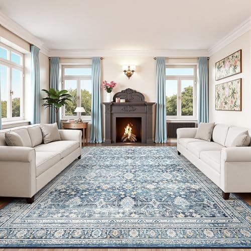 10x14 Area Rugs for Living Room, Washable Non-Slip Blue Large Carpet by Lofus