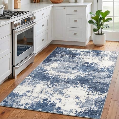 Entryway Rug 3x5 Blue Door Mat Indoor Entrance 36x60, Washable Small Throw Rugs for Kitchen Floor, Entry, Front Door, Bedroom Bedside, Non-Slip Low Pile Stain & Fade Resistant, Abstract Navy - Image 2