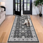 Washable 4x8 Hallway Runner Rug: Vintage 8ft Soft Runners for Entry Living Room Wide Low Pile Carpet with Non-Slip Backing for Kitchen Bedroom Thin Stain Resistant Floor Mat for Dining Room(Black,4x8) - Image 2