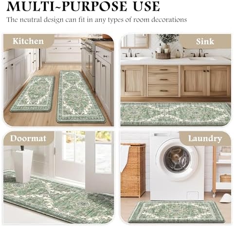 Boho Kitchen Mats for Floor 2PC Anti Fatigue Kitchen Rugs, Spring Green - Image 6
