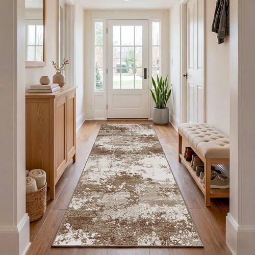 Brown Rug Runners for Hallways Kitchen 2.6x8 Non Slip Washable Entryway Runner Rugs with Rubber Backing 8ft Long Carpet Runner for Laundry Bedroom, Low Pile Stain & Fade Resistant, Abstract Coffee - Image 2