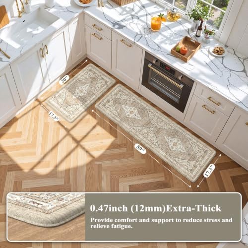 Collive Kitchen Rugs Sets of 2 Non Slip Washable, Taupe Kitchen Floor Mats - Image 2