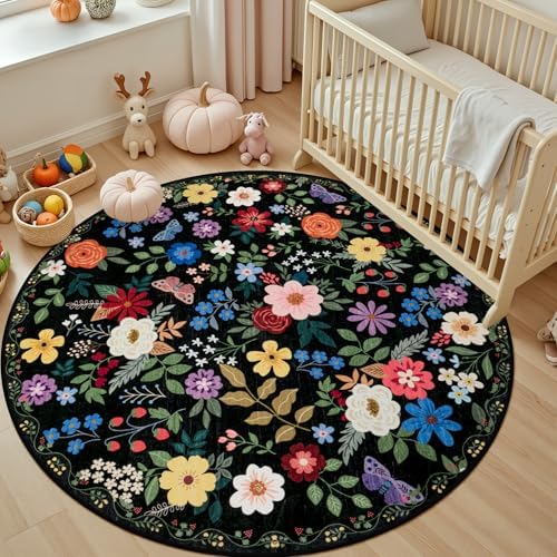 PLHXFR Round Area Rug Living Room: 4 ft Floral Washable Soft Carpet Black - Image 5