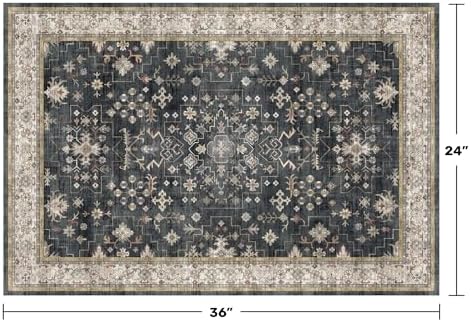 Black Washable 2x3 Entry Rug, Small Rugs for Entryway Kitchen Bathroom Door Mat Indoor Entrance, Non Slip Rubber Backing, Stain & Fade Resistant, Ashen Charcoal Floral Farmhouse Decor - Image 2