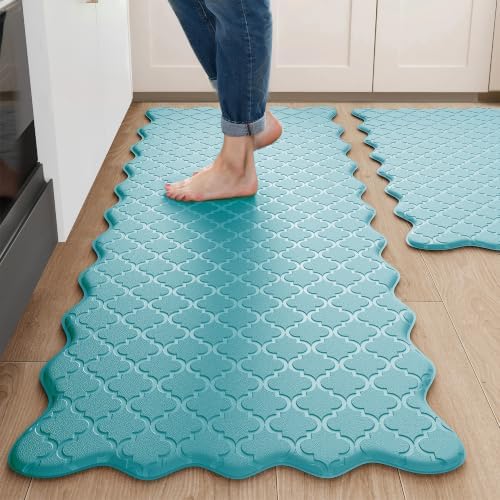 Arenarug Upgrade Scalloped Kitchen Mats for Floor 2PC, Blue Kitchen Rugs by ArenaRug