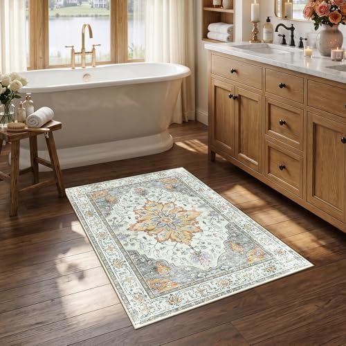 RELEANY Washable Area Rug, Small 2'6"x4', Beige/Carbon Grey/Orange by RELEANY