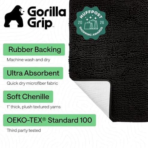 GORILLA GRIP Bath Rug Mat for Bathroom, Absorbent Chenille, 54x24 Black - Image 2