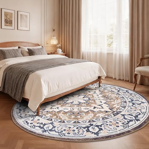 Lofus 8ft Round Area Rugs for Living Room, Vintage Boho Carpet Floral Brown - Image 2