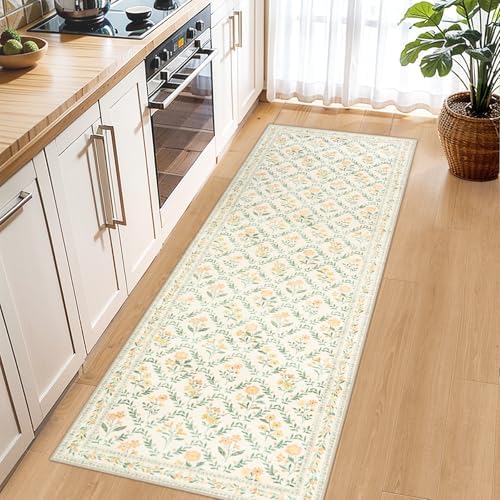 PLHXFR 2.6x8 Washable Runner Rug：Floral Indoor Kitchen Carpet Beige Multi - Image 6