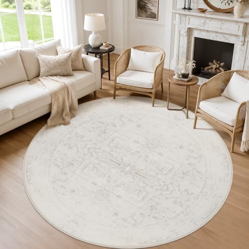 Round Area Rug Living Room: 6ft Washable Carpet Neutral Cream by Luxturiy
