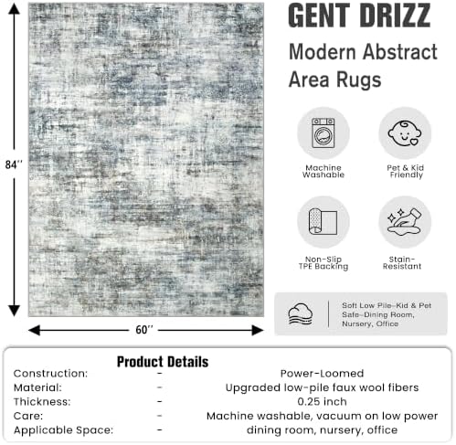 5x7 Area Rugs for Living Room: Washable Abstract Blue Multi Bedroom Carpet - Image 2