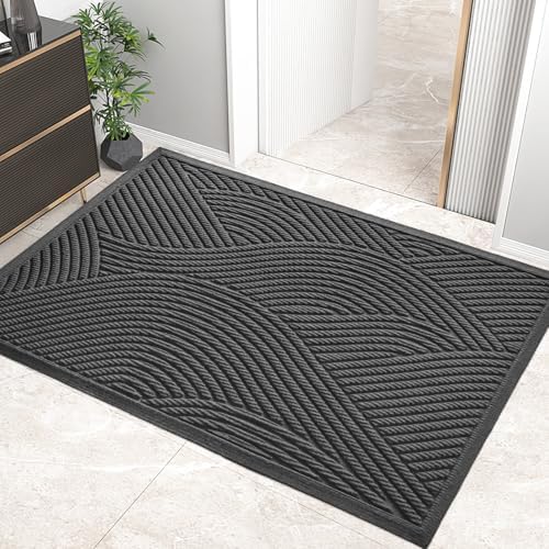 HIYARD Sturdy Front Door Mat, Absorbent Muddy Dirt Resist Welcome Door Mats Outdoor Indoor, Stain and Fade Resistant, Non-Slip Backing Entry Mat Low Profile Doormat for Entryway, 47×32, Grey by HIYARD