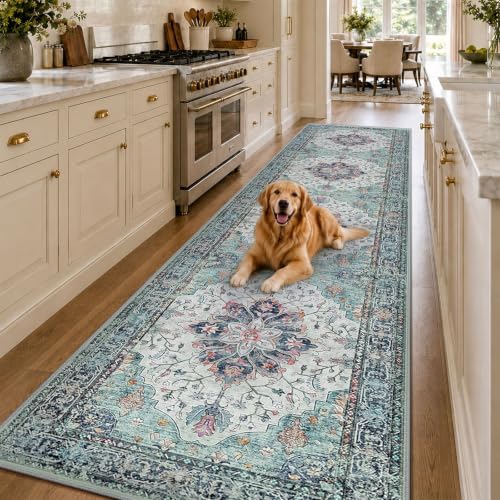 RELEANY Washable Area Rug, Runner 2'6"x14', Teal Green/White/Navy by RELEANY
