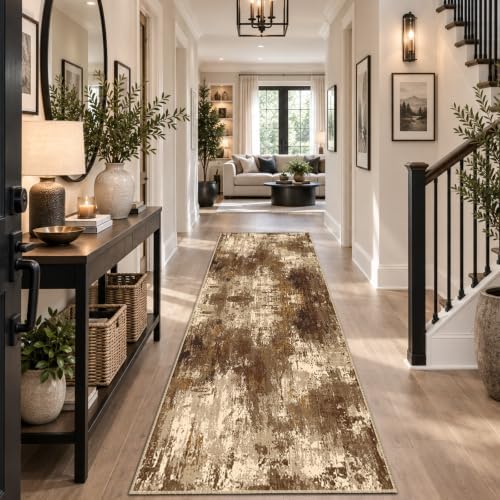 RELEANY Washable Runner 2'x8' Abstract Area Rug for Hallway Brown Tan by RELEANY