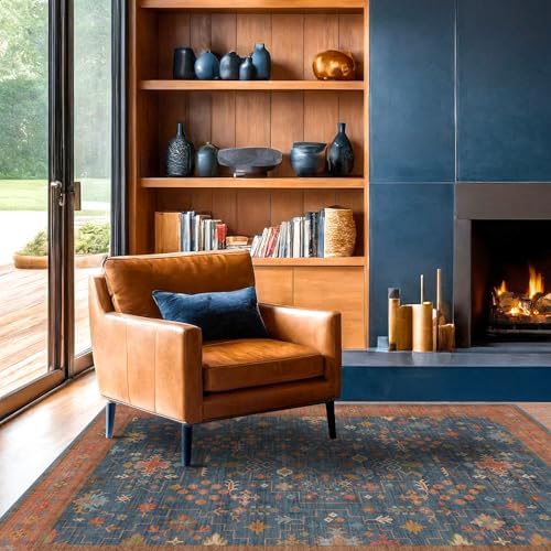 Washable 4x6 Small Rug for Living Room, Area Rug for Kitchen, Bedside, Large Entryway Indoor - Stain Resistant Non Skid Non Slip with Rubber Backing, Boho Aethestic Décor (4x6 Navy Blue) by HazoHaus