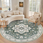 Round Area Rug for Living Room: 4ft Boho Washable Rug Green Ivory by EXPEDIX
