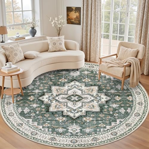 Round Area Rug for Living Room: 4ft Boho Washable Rug Green Ivory by EXPEDIX