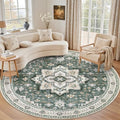 Round Area Rug for Living Room: 6ft Boho Washable Rug Green Ivory by EXPEDIX