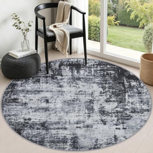 Round Area Rug Living Room: 5 ft Modern Washable Carpet Dark by FXRHLP