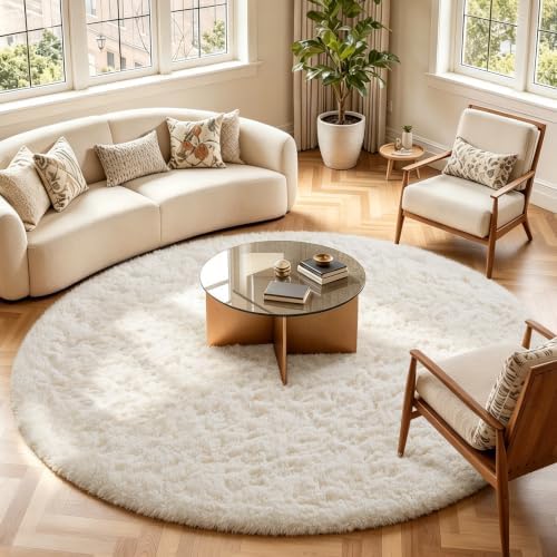 Ophanie Round Rugs 7Ft Ivory Circle Area Rug, Living Room Aesthetic Decor, Fluffy Fuzzy Bedroom Carpet, Plush Soft Shaggy Cream Rugs for Kids Home Decor, Nursery with Over 99 pcs Pile fibers - Image 3