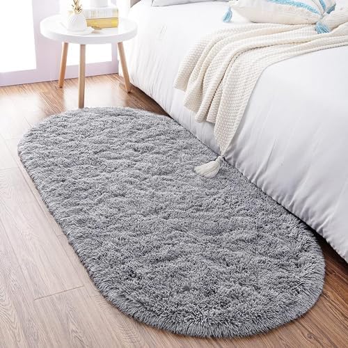 Noahas 2x5 Grey Fluffy Soft Oval Rug Non-Slip for Bedroom Dorm Hallway by ModernHomeDecor