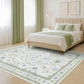 Hazo Haus Cream Oushak 6x9 Bedroom Rug - Boho Floral Cool Blue and Green, Washable Low Pile Non-Slip Ultra-Thin Large Area Rugs for Bed Room, Living Room, Playroom by HazoHaus